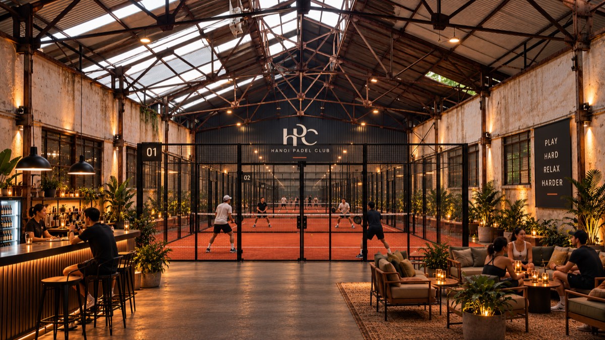 Hanoi Padel Club: indoor courts under a steel roof, lounge and bar